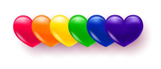 Background with heart. Multi-colored volumetric hearts in the colors of the LGBT pride rainbow. Texture for banner and postcard.