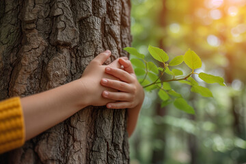 Woman hand hugs a tree in the forest.