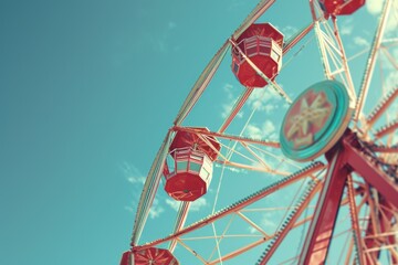 A picture of a ferris wheel against a clear blue sky. Suitable for travel and amusement park themes