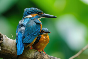 A kingfisher with her cub, mother love and care in wildlife scene