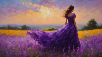 painting of woman in a lavender field