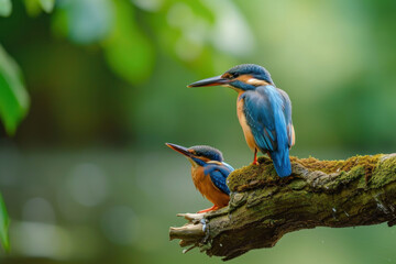 A kingfisher with her cub, mother love and care in wildlife scene