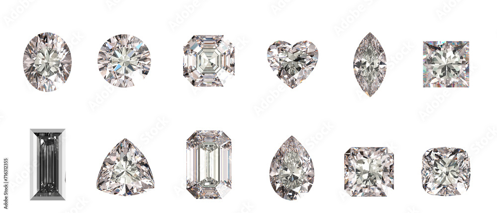 Poster 3d rendering diamonds multiple type isolated background on top view