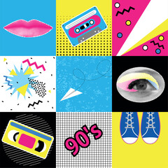 The 90s vector seamless pattern. Eyes and lips halftone.