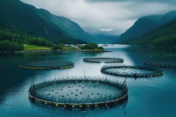 Fish cages floating in the middle of a body of water. Can be used to depict aquaculture or fish farming - obrazy, fototapety, plakaty