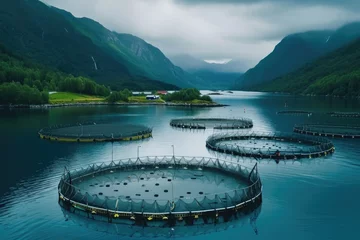 Foto op Plexiglas Fish cages floating in the middle of a body of water. Can be used to depict aquaculture or fish farming © Ева Поликарпова