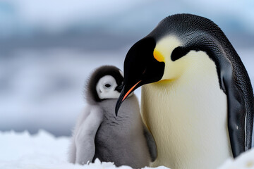 Naklejka premium A penguin with her cub, mother love and care in wildlife scene