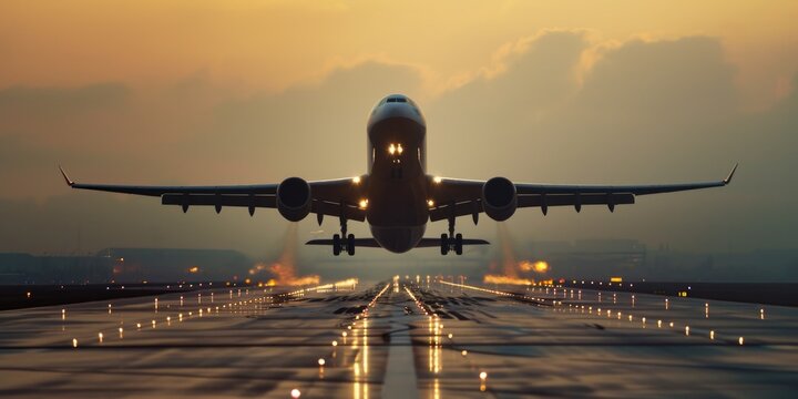 A large jetliner is seen taking off from an airport runway. This image can be used to depict air travel, transportation, or the start of a journey