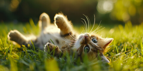 Fototapeta premium kitten is rolling on the grass, generative AI