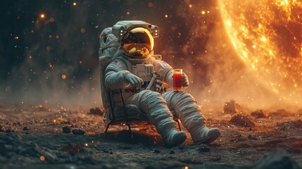 Astronaut sits on a chair under the rays of a bright star while drinking beer on an alien planet - obrazy, fototapety, plakaty