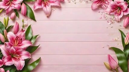 Naklejka na ściany i meble pink flowers on a wooden background, copy space, wedding invite,Happy Women's, Mother's, Valentine's Day, birthday greeting card design.