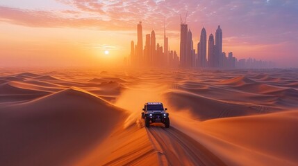 Construction tractor, truck in desert in Dubai, United Arab Emirates at background