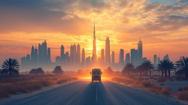 Construction tractor, truck in desert in Dubai, United Arab Emirates at background