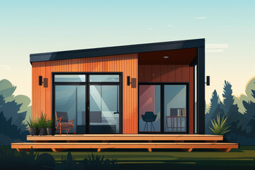 
Illustration of a tiny house exterior, showcasing a modern minimalist design with large windows