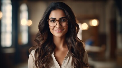 Young Adult Confident Attractive Indian Woman, Beautiful Lady Wearing Glasses, Close Up
