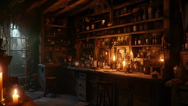 Candles flickered and cast eerie shadows across the room, illuminating the shelves filled with dark artifacts and mysterious ingredients. Fantasy animatio