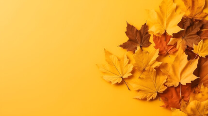 Naklejka na ściany i meble Autumn fall leaves. Maple leave in the corner of yellow background. Top view with copy space.