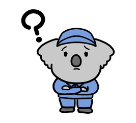 作業着を着て考え事をするコアラのキャラクター (正面から見たところ)