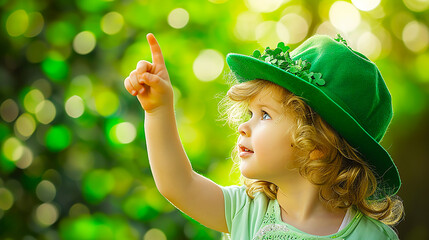 A child pointing with a green hat and shamrocks.　