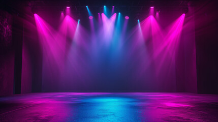 spotlight, Modern dance stage light background with spotlight illuminated for modern dance production stage. Empty stage with dynamic color washes. Stage lighting art design, Ai generated image  - obrazy, fototapety, plakaty