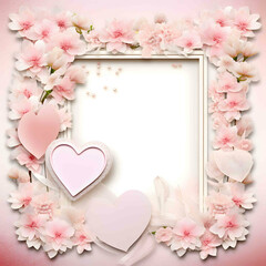 Fototapeta na wymiar Romantic Valentine's Day frame with heart and flower decoration in pink and copy space. Love themed card design