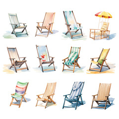 Clipart Bundle Watercolor Beach Chair, on Transparent Background - obrazy, fototapety, plakaty