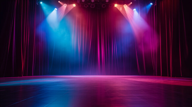 stage spotlight on stage, Theater stage light background with spotlight illuminated the stage for opera performance. Stage lighting. Empty stage with bright colors backdrop decoration, Ai generated 