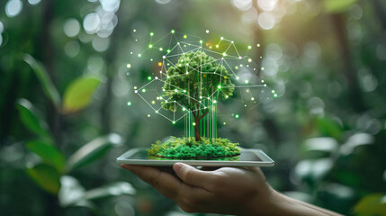 Hand holding tablet with Virtual ecosystem of tree