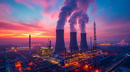 distribution electric substation with power lines and transformers