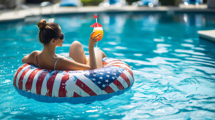 a woman relaxing in a swimming pool, sitting in an inflatable donut float patterned with the USA flag, holding a colorful cocktail