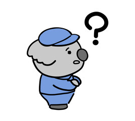 作業着を着て考え事をするコアラのキャラクター（右向き）