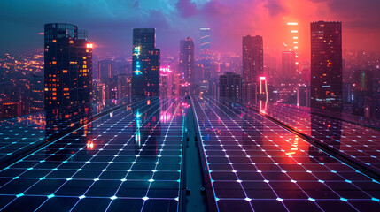 Night of solar panels and battery hub in city - obrazy, fototapety, plakaty