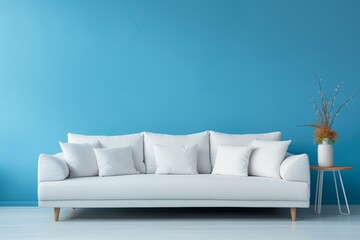 White sofa on a blue background. Living room. Room design. 