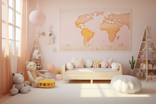 a children’s room with a pastel color scheme. The room features a world map, stuffed animals, a wooden bench, and a bookshelf. The room is well-lit and has a cozy feel.