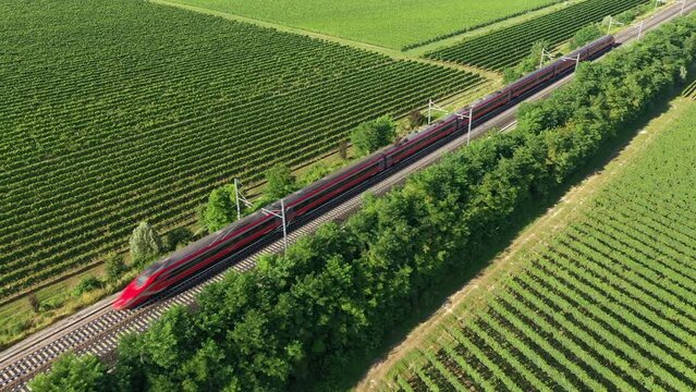 Red train fast movement top view. Diagonal movement of a modern super high speed red train between vineyards top view. Red train on a green background fast moving diagonally