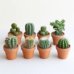 Group of Small Cactus Plants in Clay Pots