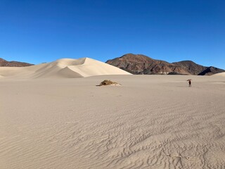 Fototapeta na wymiar Lone hiker crossing sand dunes under blue sky