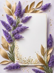 empty space for text , lavender flowers card and leaves , watercolour , wedding invite,Happy Women's, Mother's, Valentine's Day, birthday greeting card design.copy space 