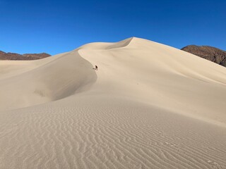 Fototapeta na wymiar Lone hiker on sand dune with blue sky