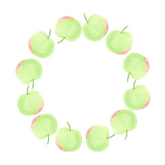 Hand drawn watercolor green apple wreath border isolated on white background. Can be used for cards, label and other printed products.