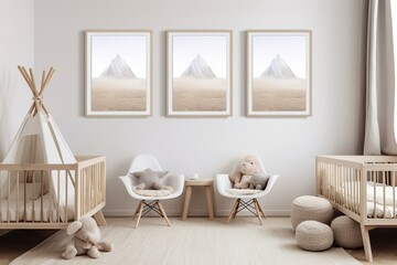 Fototapeta premium a modern nursery with a white crib, teepee, and rocking chair. The walls are decorated with framed art of mountains and a bear. The room has a neutral color scheme and a cozy rug.