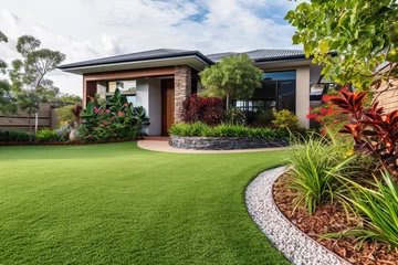  A contemporary Australian home or residential buildings front yard features artificial grass lawn turf with timber edging, and a big flowers garden © Kien