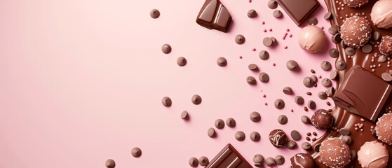 Action shot of chocolate chunks on a melted stream of chocolate. No text banner is ideal for your text. - obrazy, fototapety, plakaty
