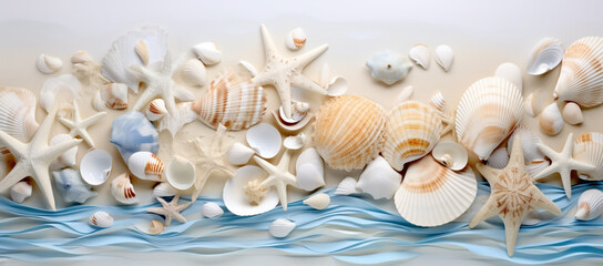 Fototapeta premium seashells and starfish on a white background with blue waves. Seashells and starfish on white background, top view