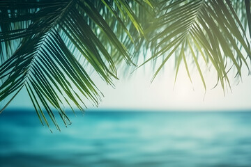 Fototapeta premium Abstract seascape with palm tree, tropical beach background with light of calm sea and sky. summertime vacation background concept.