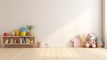 a child’s room with a wooden shelf, toys, and a pink teddy bear on a hardwood floor. The room is bright and airy with a large window and light-colored walls.