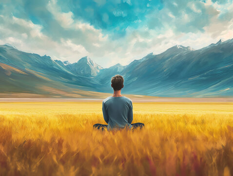Illustration of a man seen from behind, sitting in the grass, admiring the mountains in the background, on a beautiful sunny summer day. Tranquility and peace, warm colors, recharging, meditating