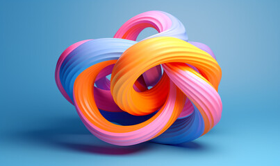 3d render, abstract background with multicolored curved lines, waves. blue and pink waves, loop. colorful twisted rings on blue background,