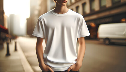 Male Teenager in White T Shirt Mockup with Cityscape Background