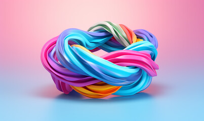 3d render, abstract background with multicolored curved lines, waves. blue and pink waves, loop. colorful twisted rings on blue background,